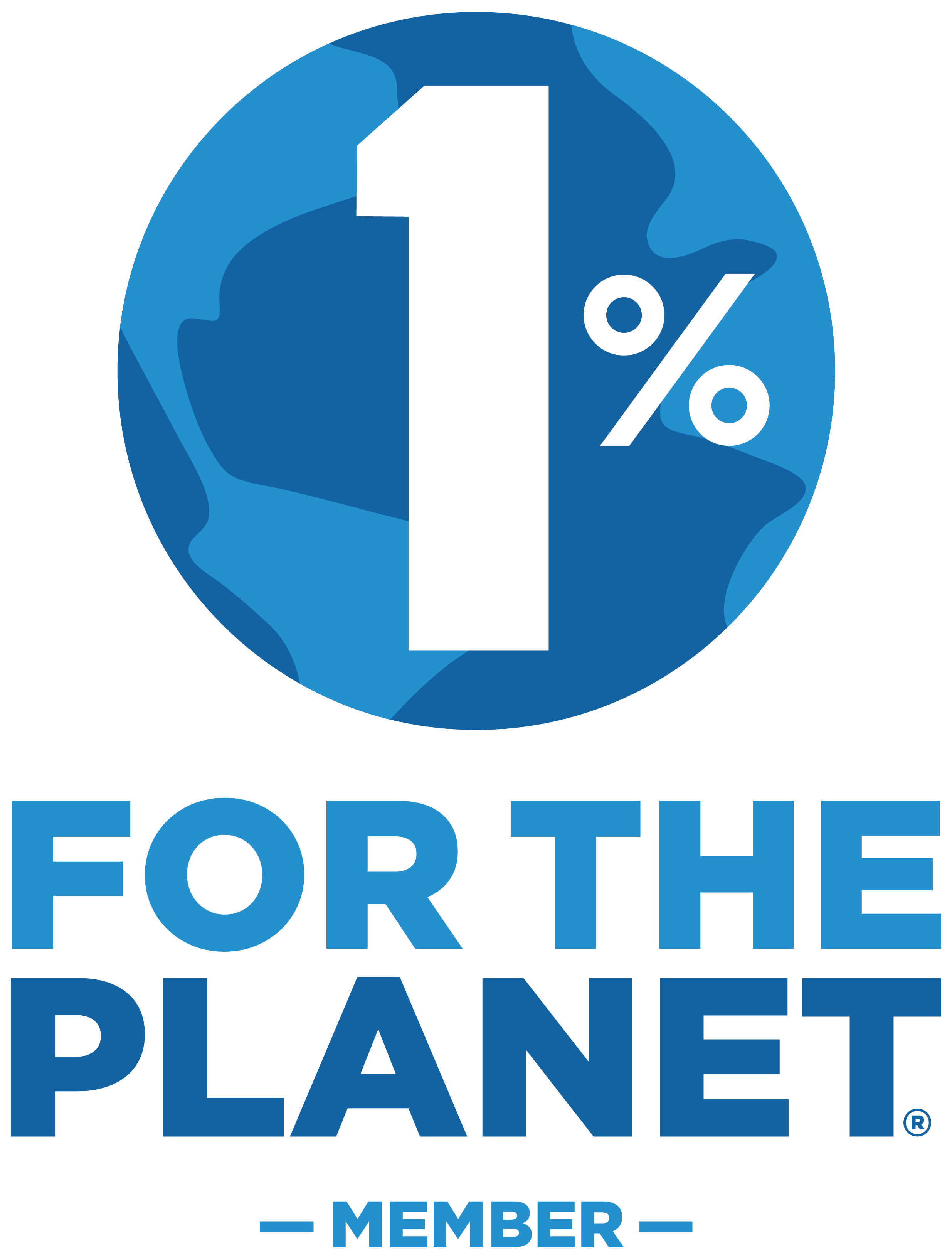 1% For The Planet member badge logo, blue logo with a globe icon under the "1%"