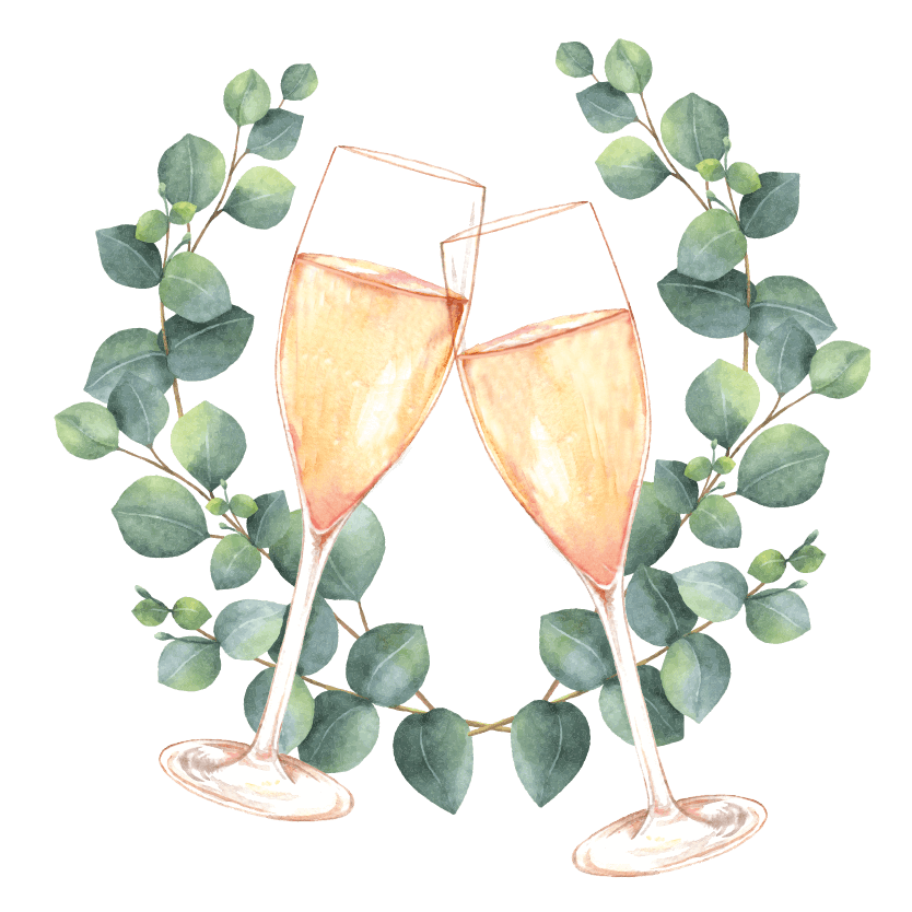 Celebrations for every season logo. Two stemmed glasses filled with liquid, with a wreath of leaves circling around them